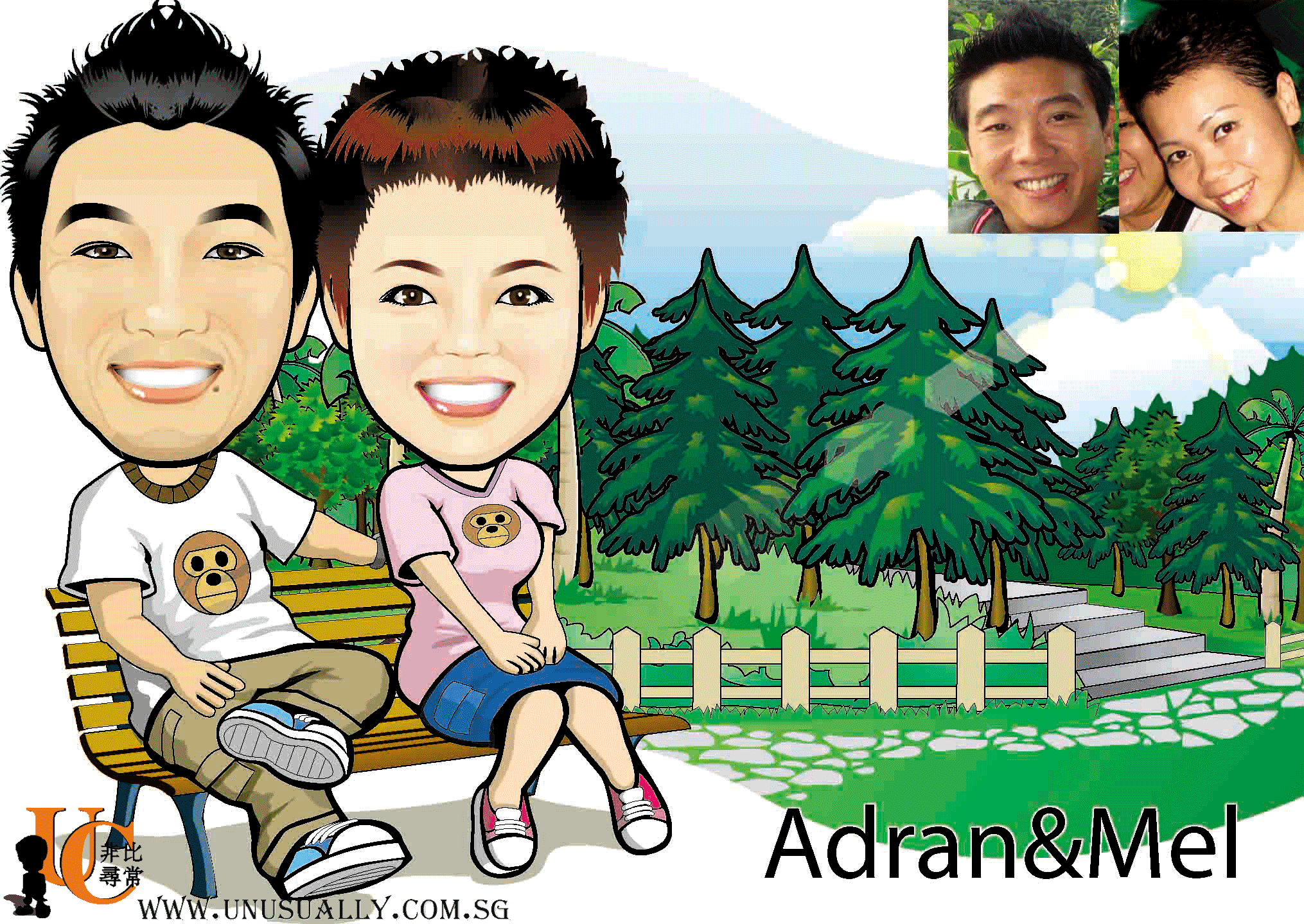 Digital Caricature Drawing - Sweet Garden Couple Theme